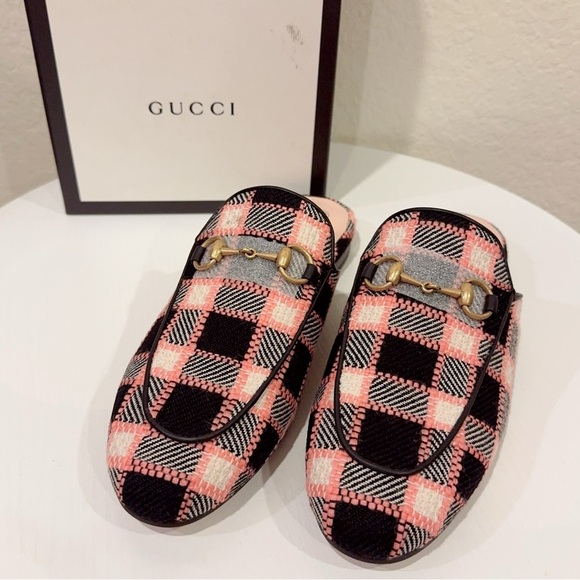 Gucci Princetown Fancy Tweed Check Damier Black Pink Woven Mules NIB Size 36 - Picture 1 of 9
